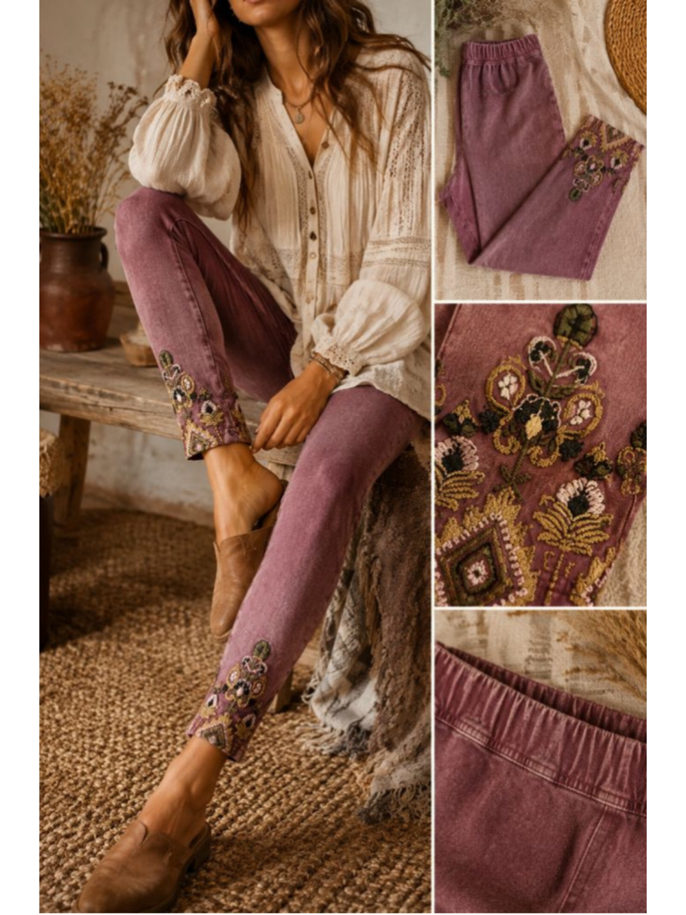 Sundance Embroidered Leggings Large Mauve Mineral Wash Boho Stretch Pants